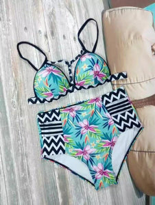 Push Up Flower Print High Waist Bikini Set